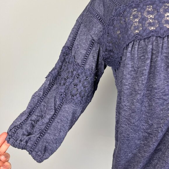 Sundance Womens Blue Crinkle Top Crochet Lace Trim Half Sleeves size Small - Picture 4 of 12